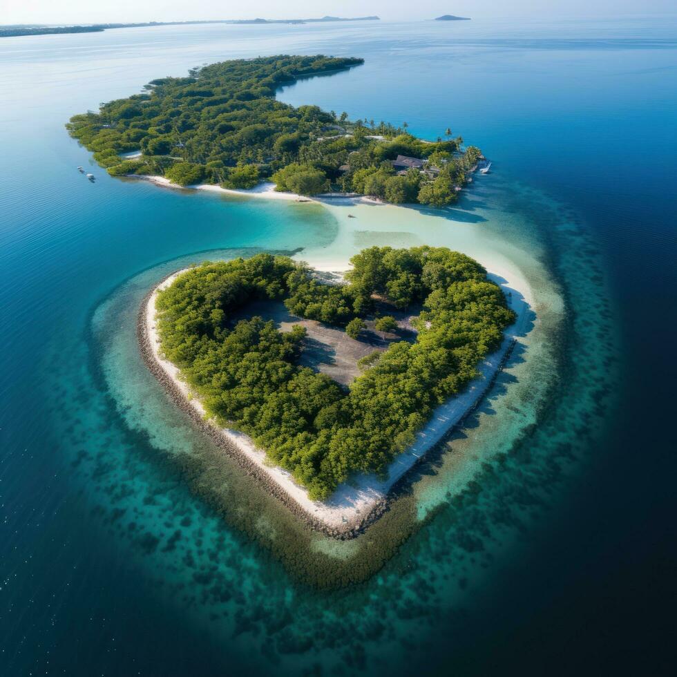 a forma di cuore isola nel il oceano aereo Visualizza foto