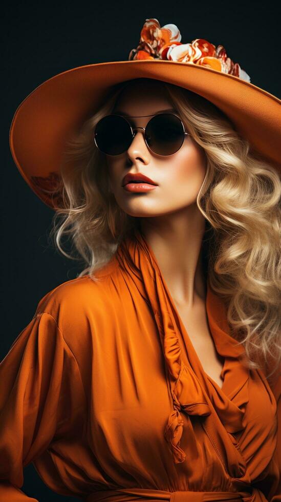 alla moda donna nel sovradimensionato cappello e occhiali da sole foto