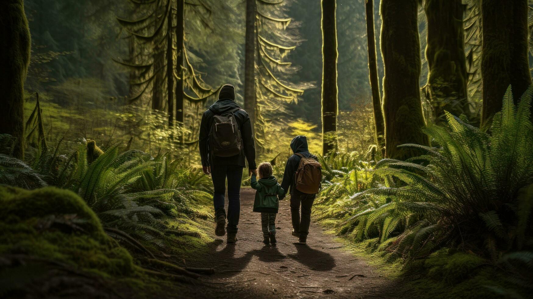 famiglia escursioni a piedi attraverso lussureggiante foresta foto
