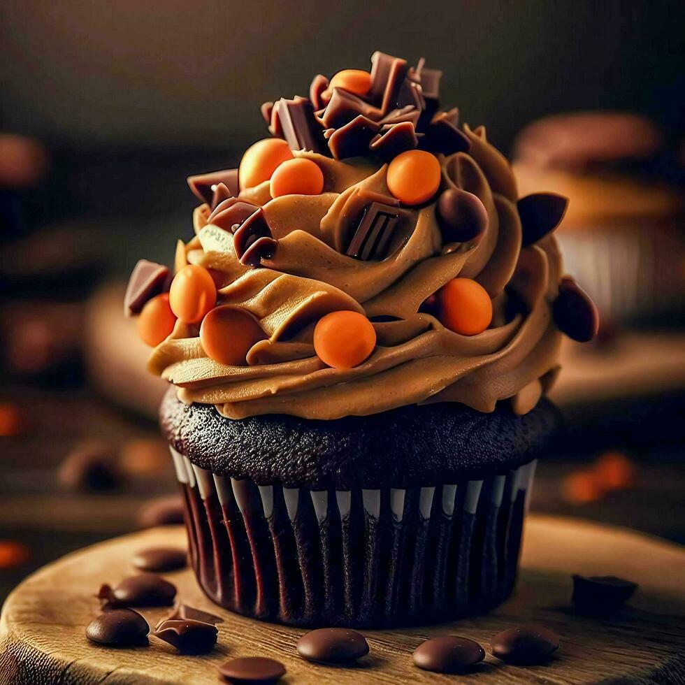 un' cioccolato Cupcake con arachide burro glassa e di Reese pezzi su superiore su un' di legno asse, ai generativo foto