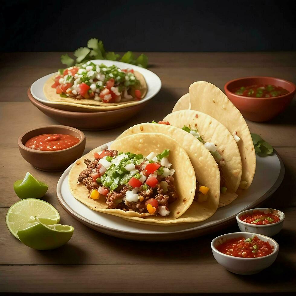 messicano tacos su un' piatto con un' ciotola di salsa, ai generativo foto
