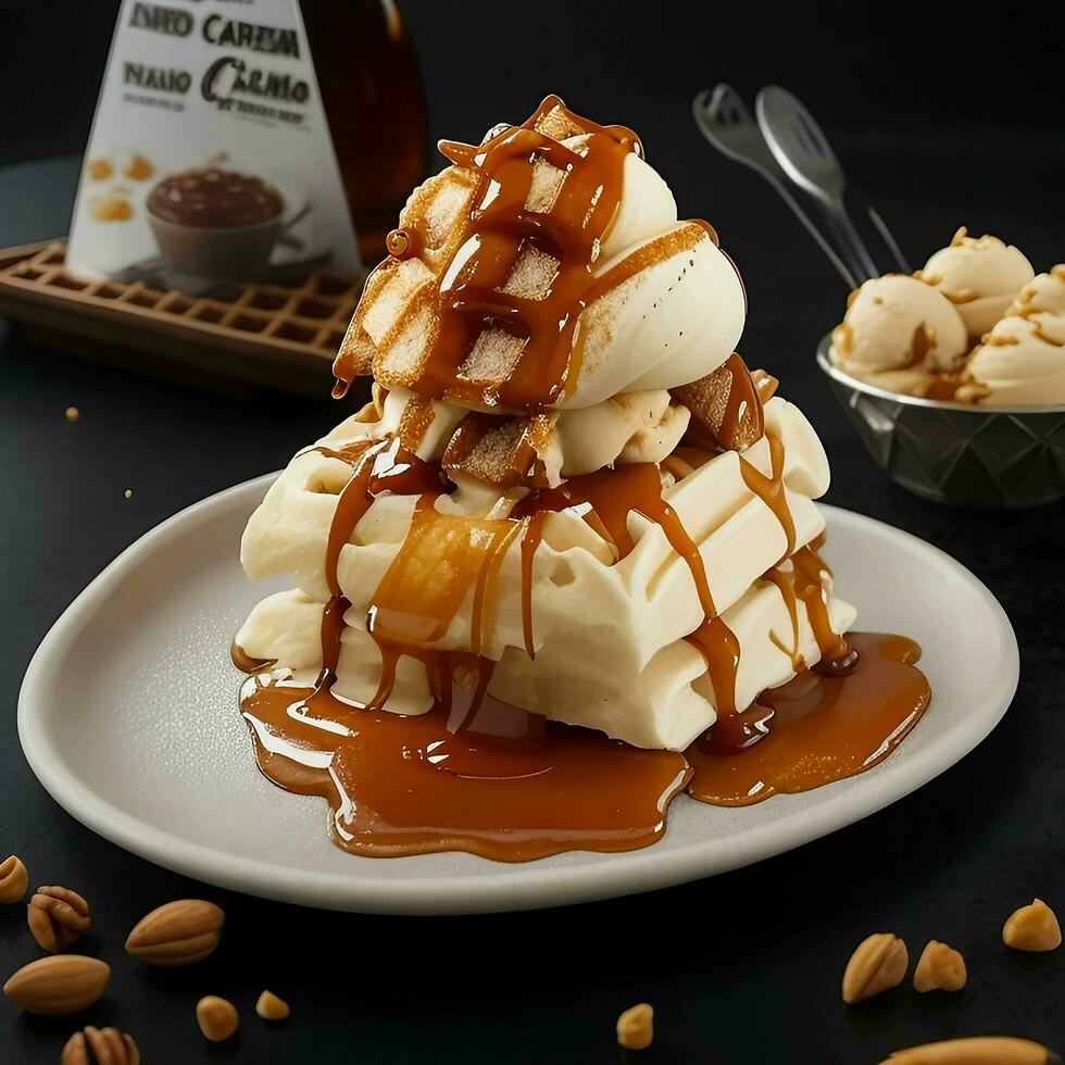 delizioso cialda con caramello ghiaccio crema, tritato noccioline e caramello salsa su superiore, ai generativo foto