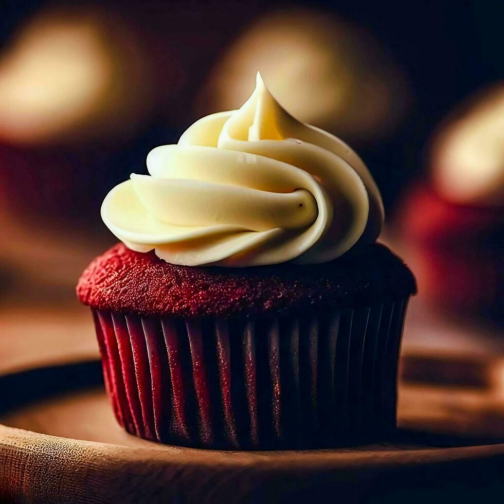 un' rosso velluto Cupcake con crema formaggio glassa su un' di legno asse, ai generativo foto