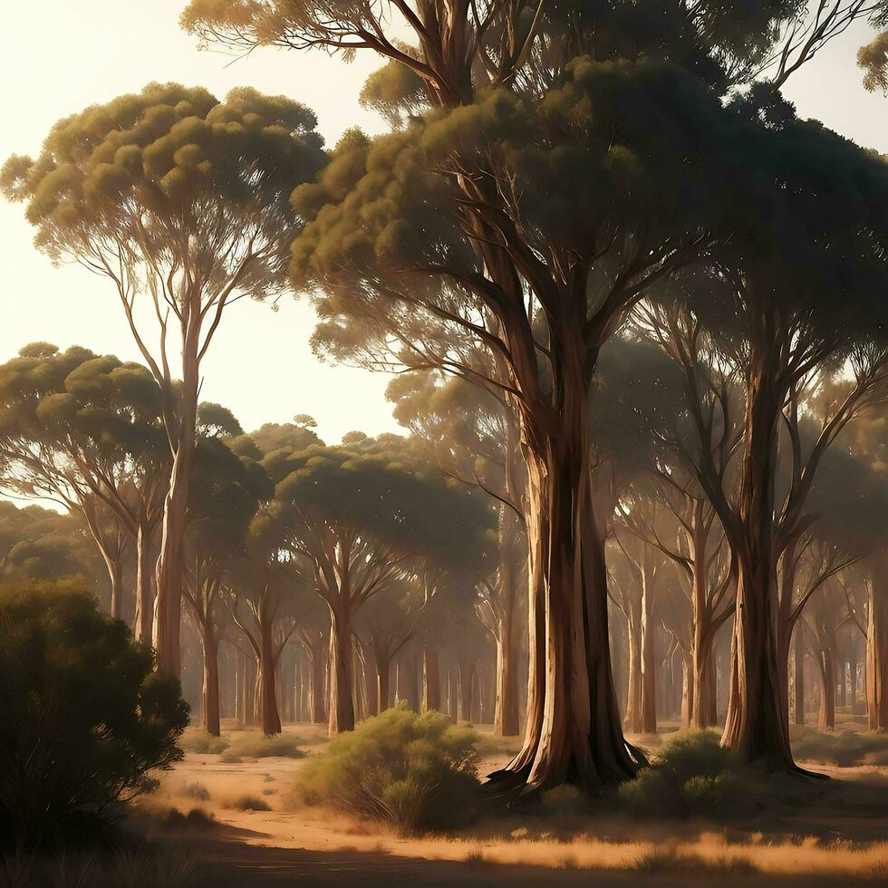 fantasia foresta con raggi di luce del sole In arrivo attraverso il alberi, ai generativo foto