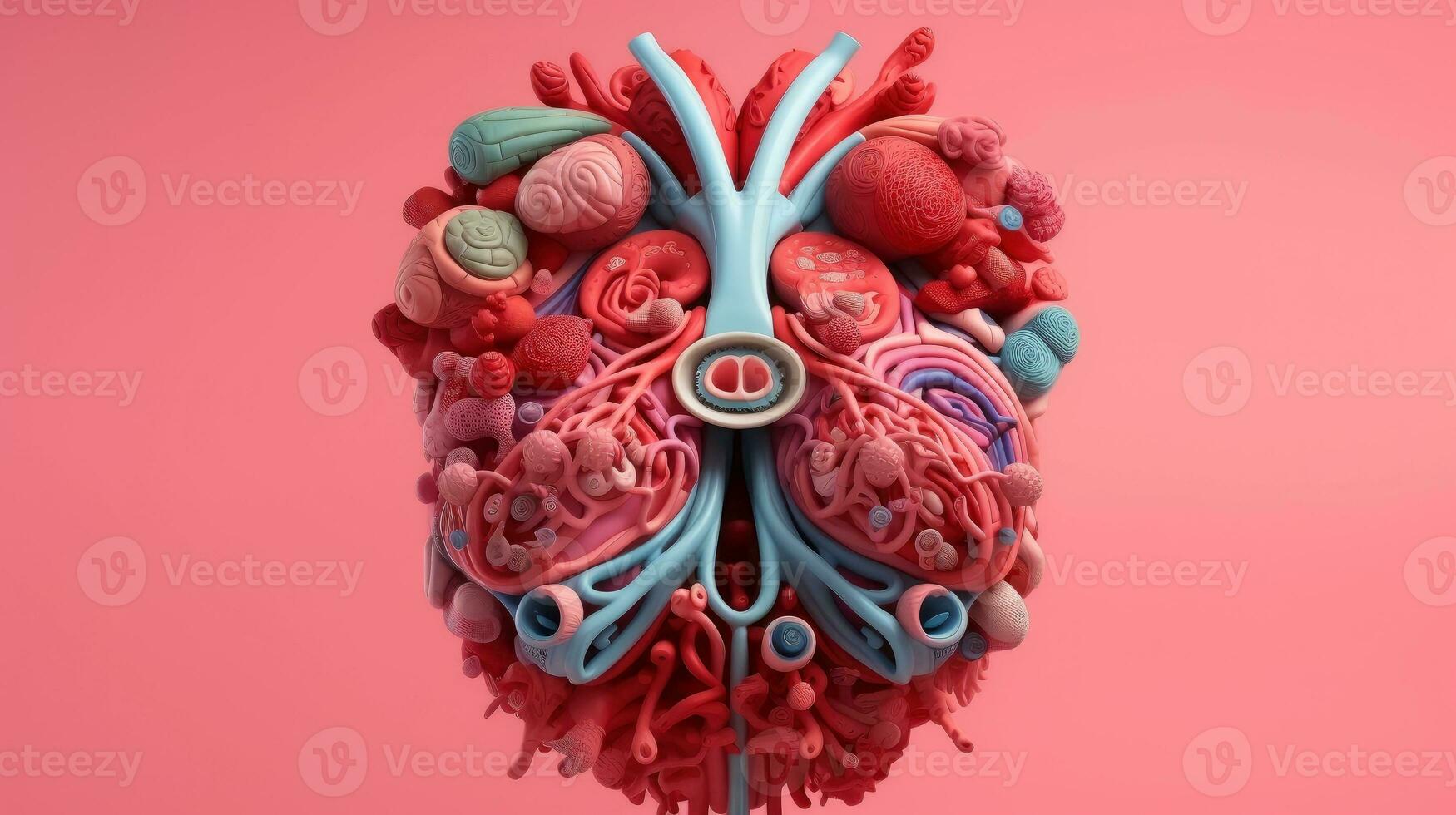 3d illustrazione modello di il umano organo sistema, anatomia, nervoso, circolatorio, digestivo, escretore, urinario e osso sistemi. medico formazione scolastica concetto, generativo ai illustrazione foto