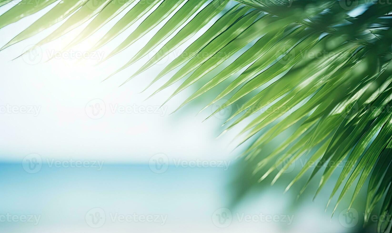 ai generativo. avvicinamento di palma foglia con sfocato tropicale spiaggia. creato con ai foto