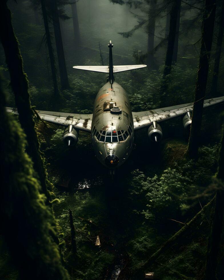 foto abbandonato aereo nel pioggia foresta generativo ai