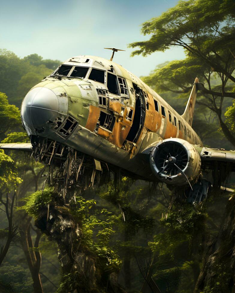 foto abbandonato aereo nel giungla generativo ai