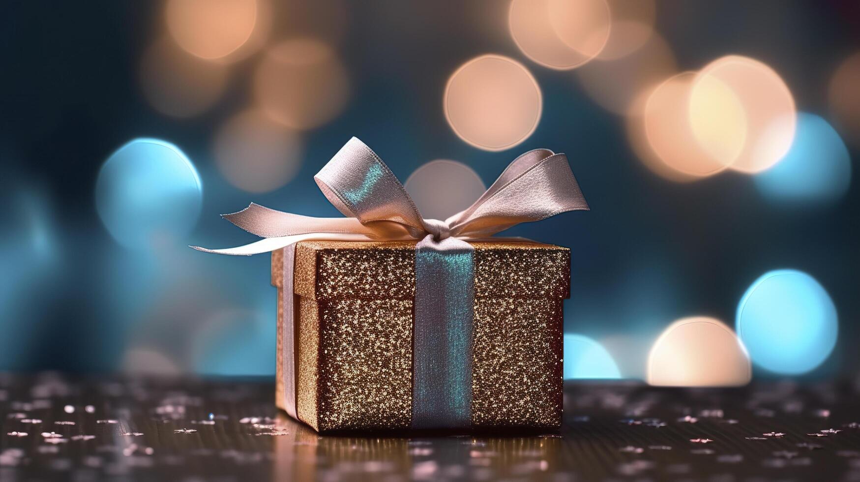 festivo regalo scatola contro bokeh sfondo. vacanza saluto carta. tipicamente Usato per compleanno, anniversario regali, regalo carte, inviare carte. ai generativo foto