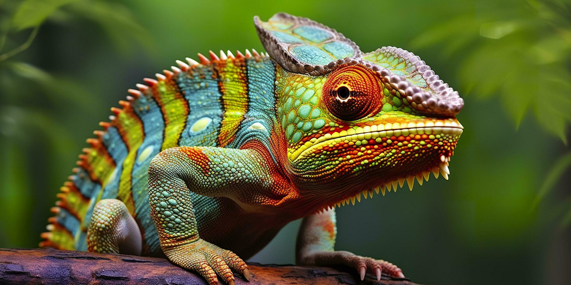 un' colorato vicino su camaleonte con un' alto cresta su suo testa. generativo ai foto