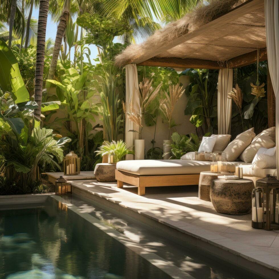 elegante bordo piscina Cabanas con lussureggiante tropicale fogliame. foto