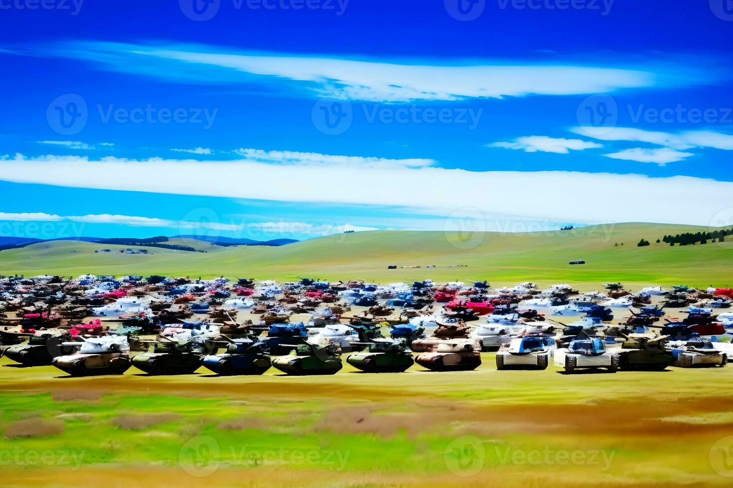 militare o esercito serbatoio pronto per attacco e in movimento al di sopra di un' abbandonato battaglia campo terreno. neurale Rete ai generato foto