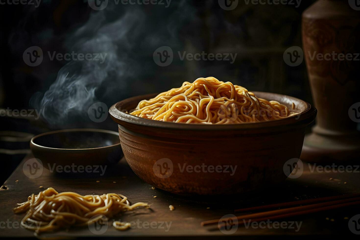 nero ciotola con Cinese tagliatelle jiangsu cucina. neurale Rete ai generato foto