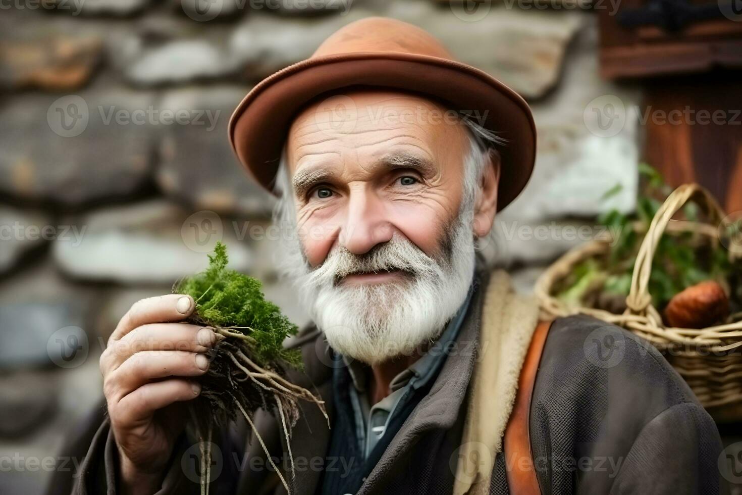 ritratto di un' contadino con raccolto. neurale Rete ai generato foto