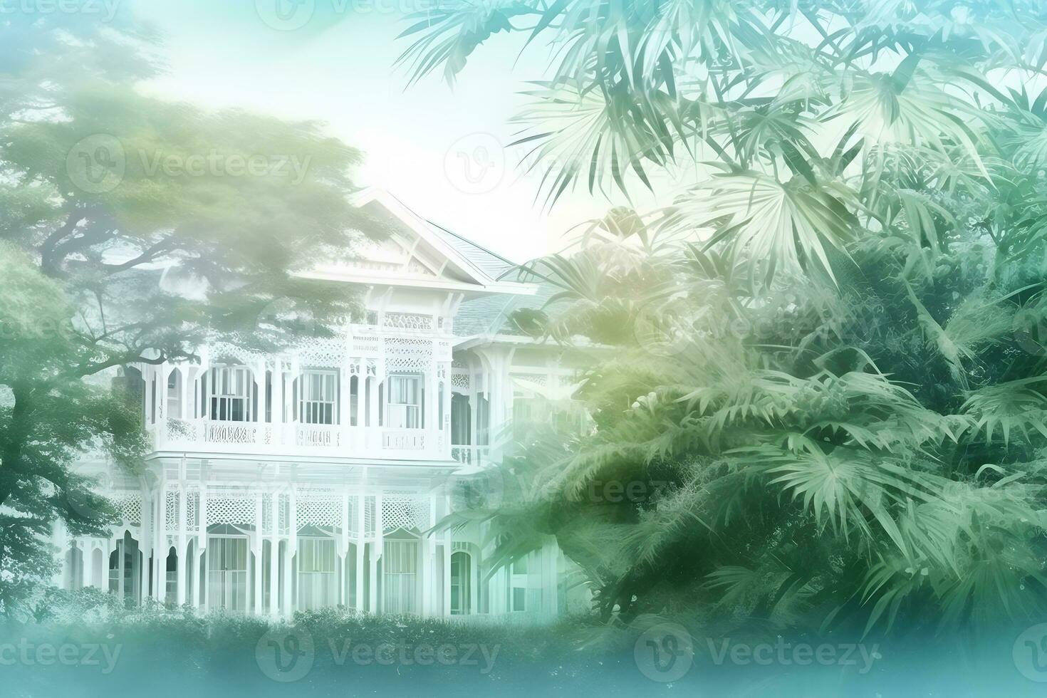 Residenziale casa edifici, tropico alberi, palme. neurale Rete ai generato foto