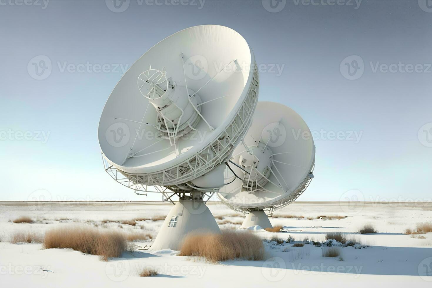 gruppo di Radio telescopio satellitare piatti. vla molto grande Vettore nel sabbioso la zona. neurale Rete generato arte foto