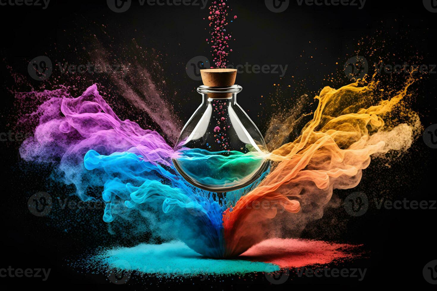 bicchiere contenitore con colorato sabbia su arcobaleno spruzzo sfondo. neurale Rete ai generato foto