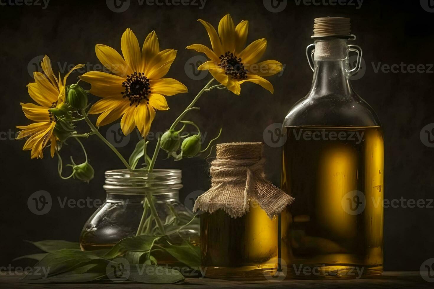 rurale ancora vita girasole olio nel bottiglia con fiori di girasole elianto annuus nel buio luce. neurale Rete ai generato foto