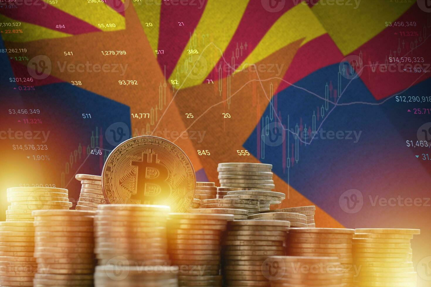 Arizona noi stato bandiera e grande quantità di d'oro bitcoin monete e commercio piattaforma grafico. crypto moneta foto