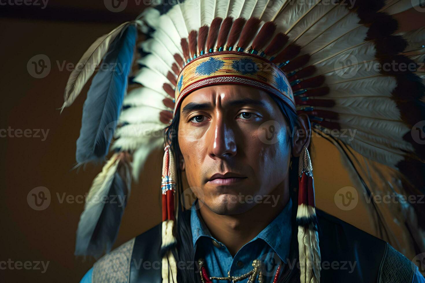 nativo americani. ritratto di Gli americani indiano uomo. neurale Rete ai generato foto