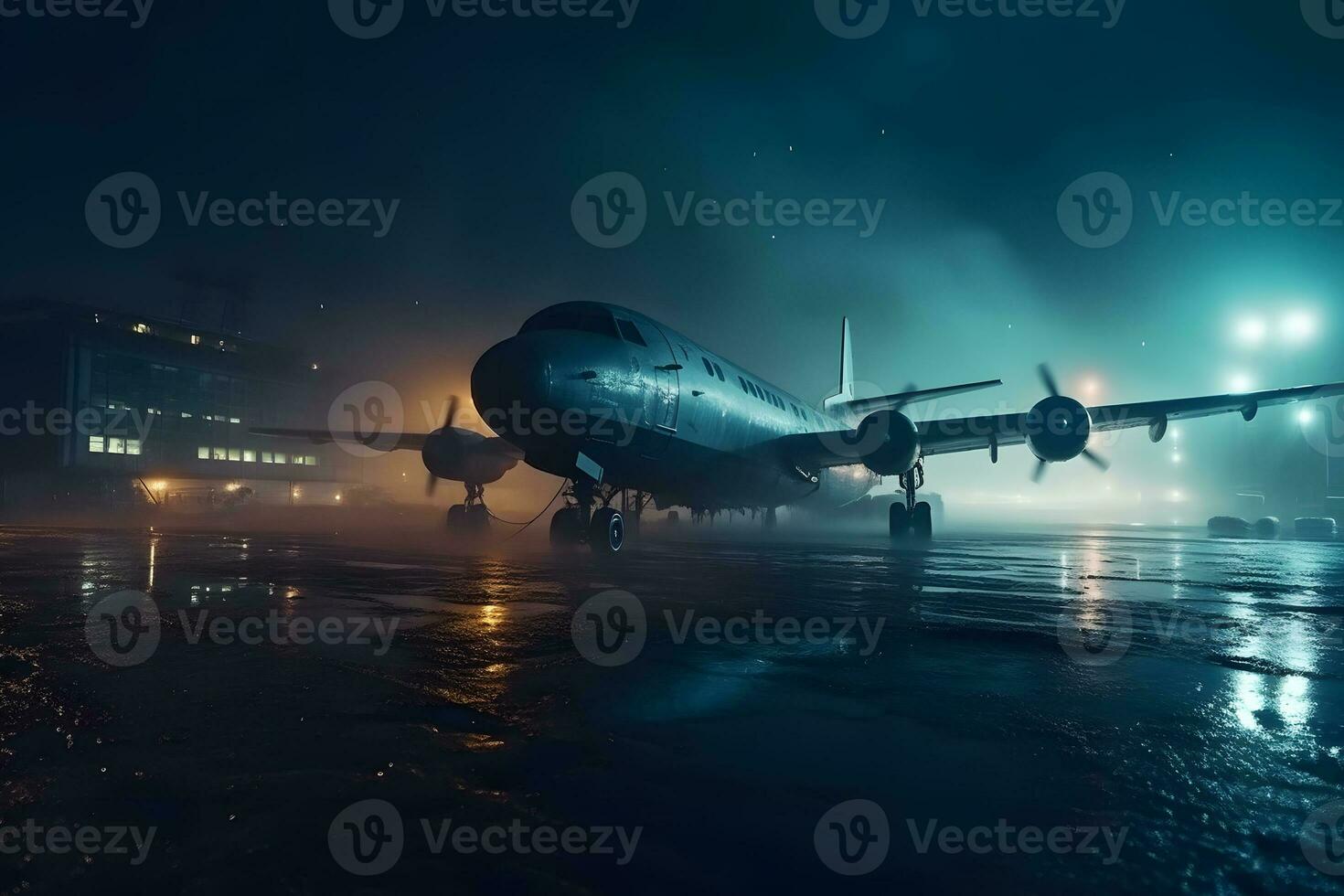 aereo a il aeroporto a notte nel il pioggia. neurale Rete ai generato foto