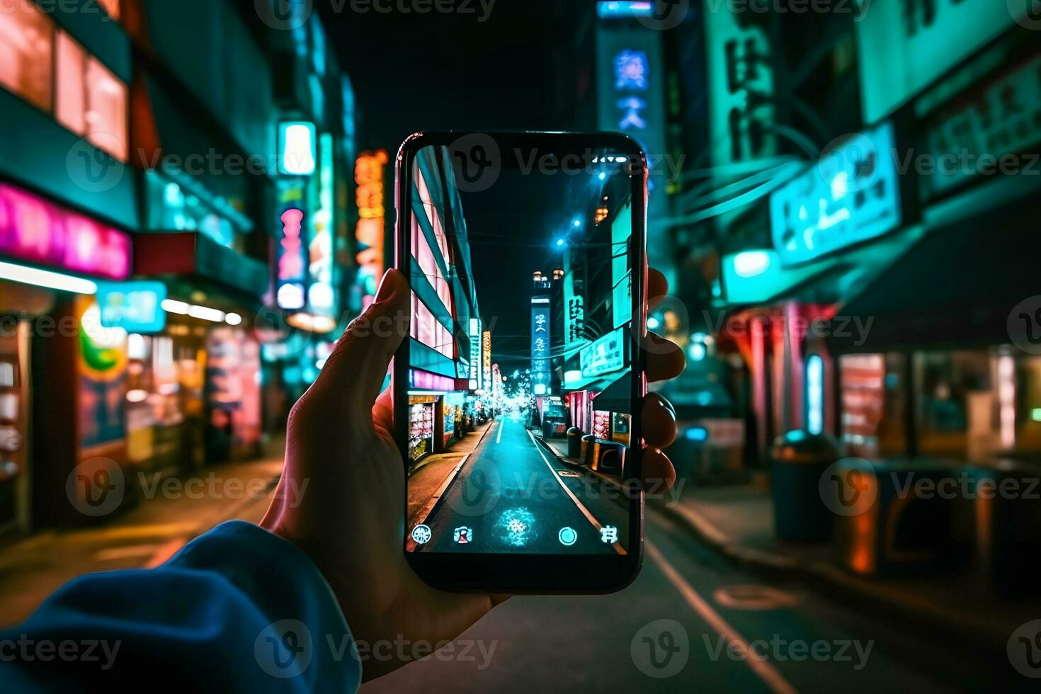 un' mano con un' Telefono prende immagini di un' giapponese città. neurale Rete ai generato foto