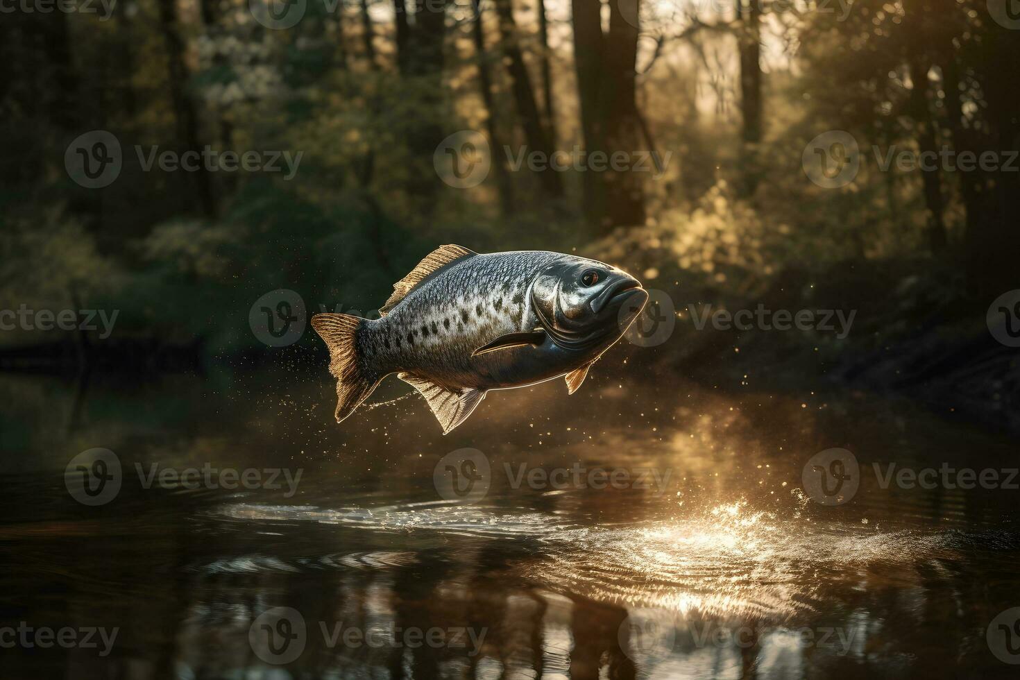 pesce salto su di il acqua. neurale Rete ai generato foto