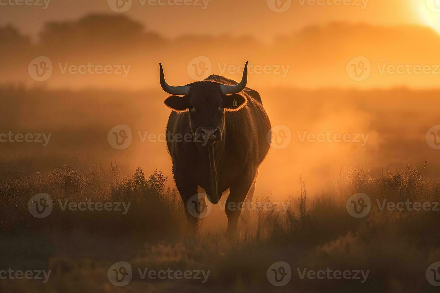 Toro nel il selvaggio, paesaggio con tramonto o Alba. neurale Rete ai generato foto