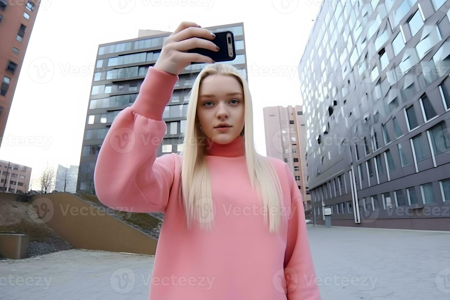 bionda ragazza nel rosa Abiti fa un' autoscatto. neurale Rete ai generato foto