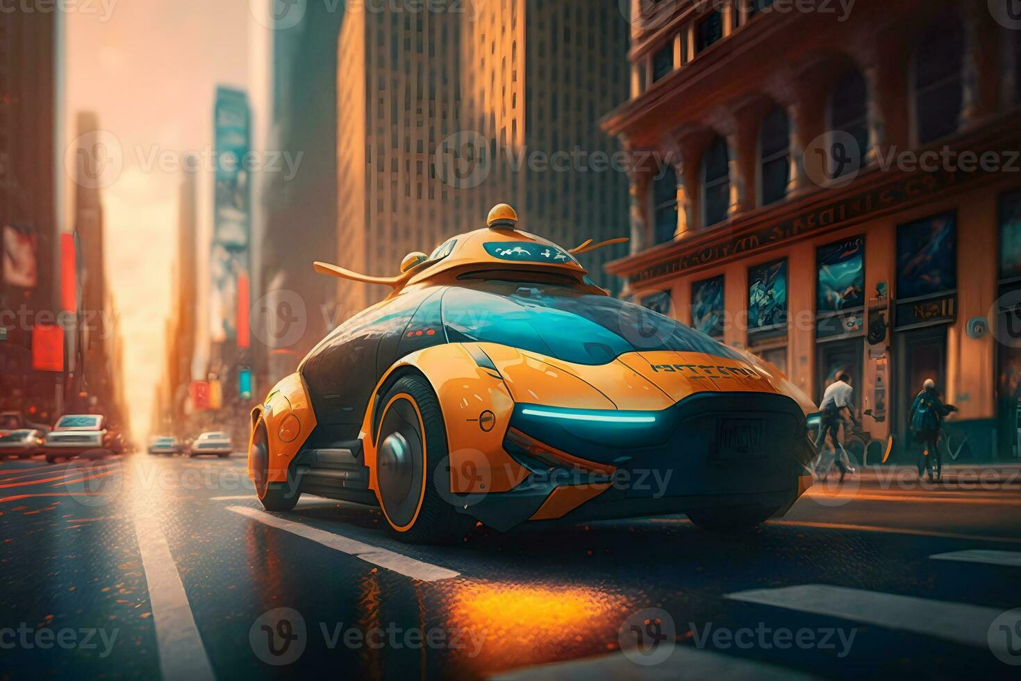 futuristico elettrico macchina, Taxi di il futuro. neurale Rete ai generato foto