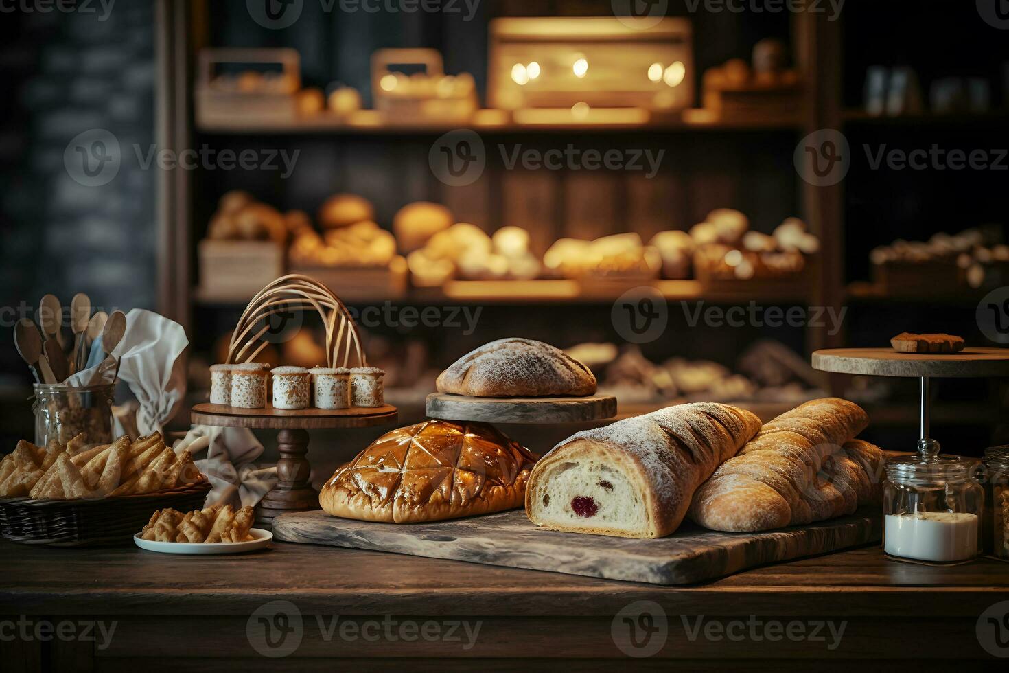 forno Prodotto assortimento con pane pani, panini, rotoli e danese pasticcini. neurale Rete ai generato foto