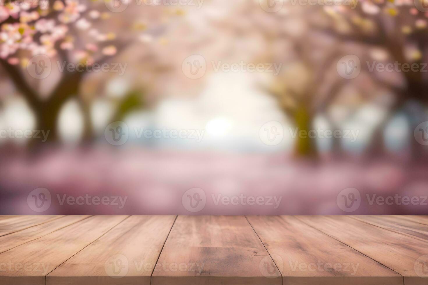 primavera di stagione di rosa sakura ramo con di legno tavolo In piedi, fiore sfondo. neurale Rete ai generato foto