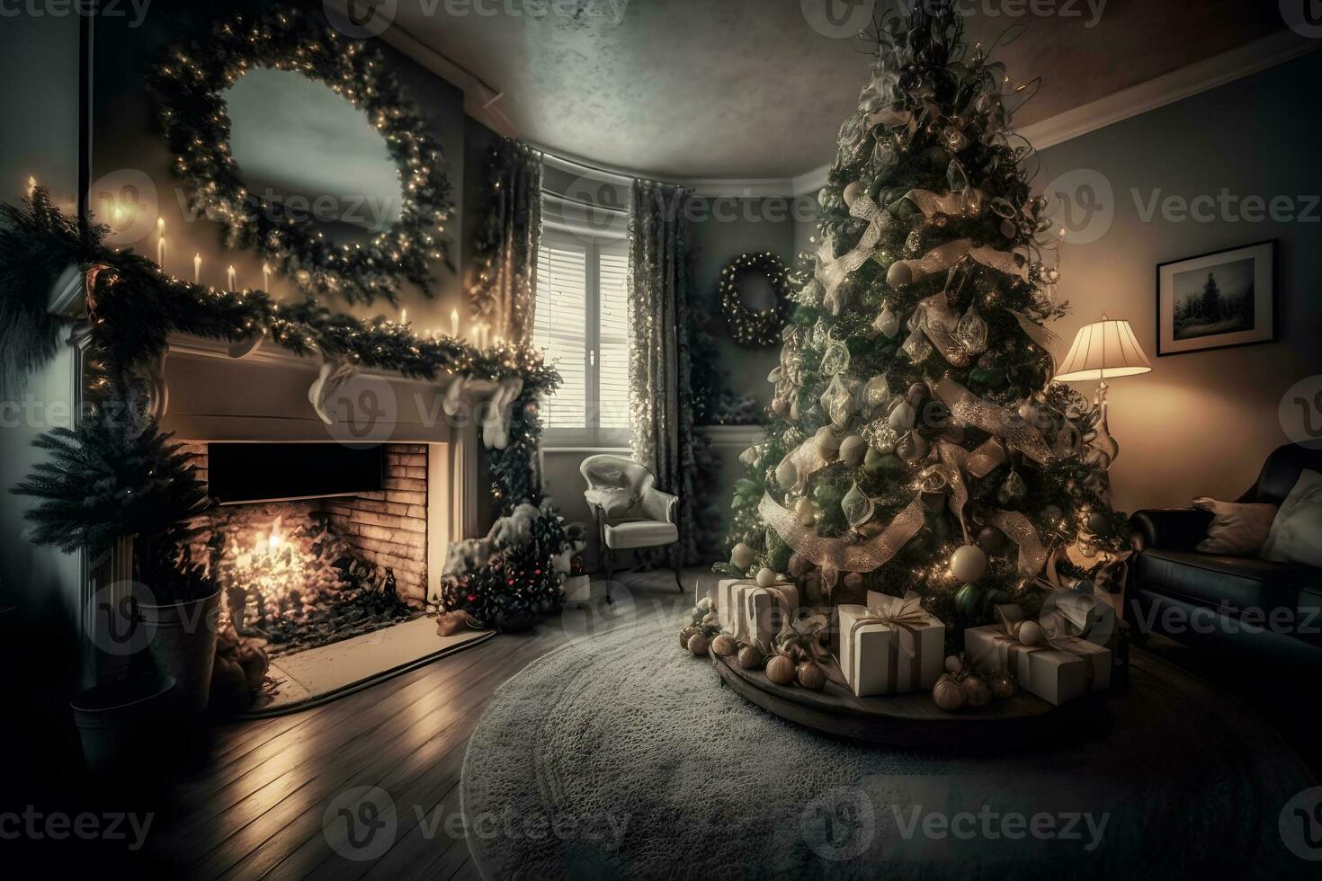 bellissimo accogliente Natale interno con un' il camino. neurale Rete ai generato foto