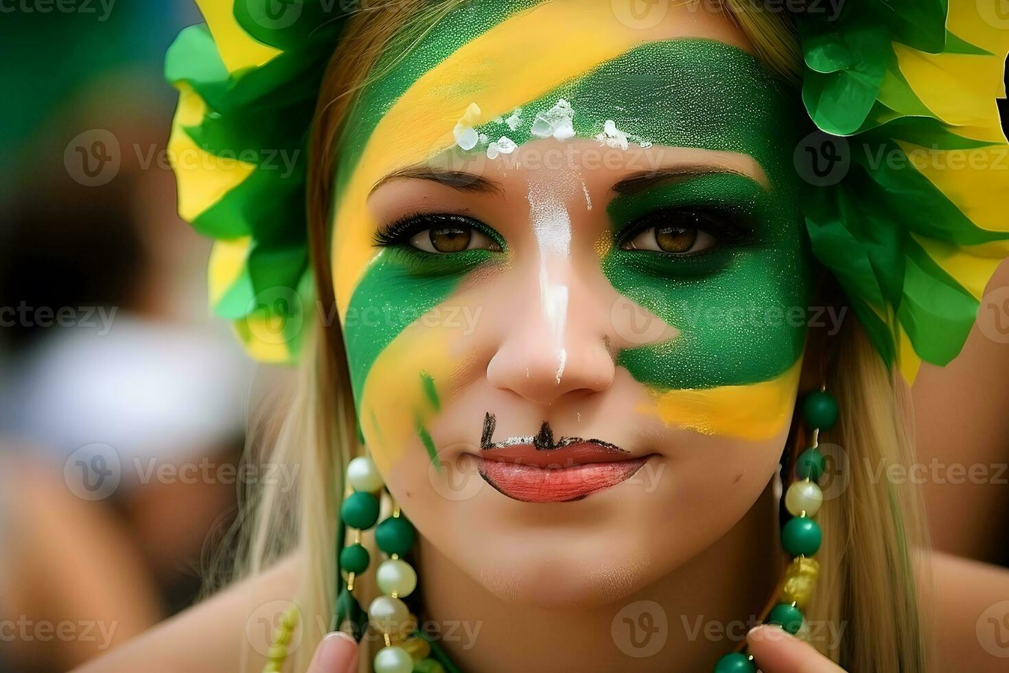 brasiliano carnevale. giovane donna godendo il carnevale festa. neurale Rete ai generato foto