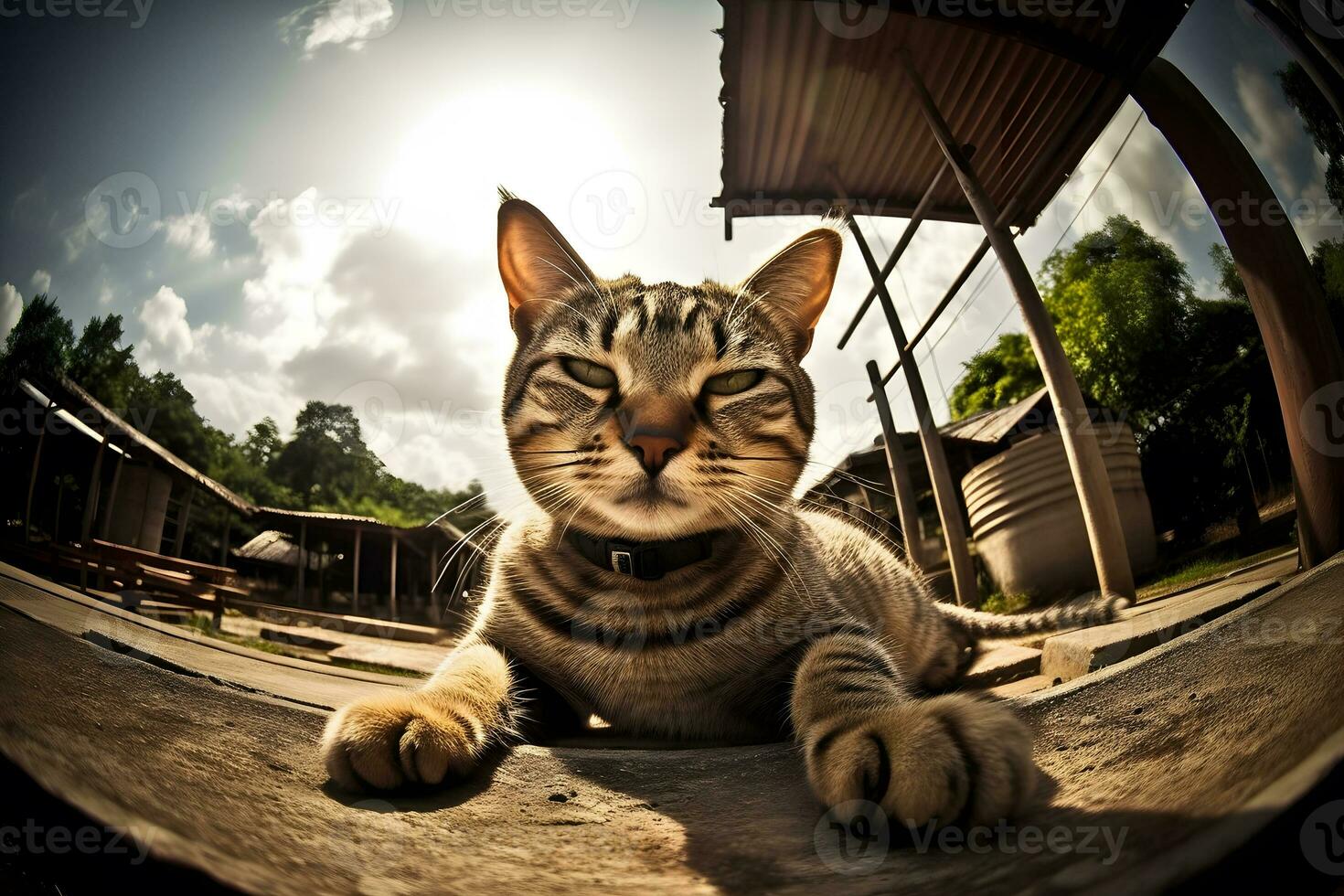 strada rosso gatto crogiolarsi nel il sole. neurale Rete ai generato foto