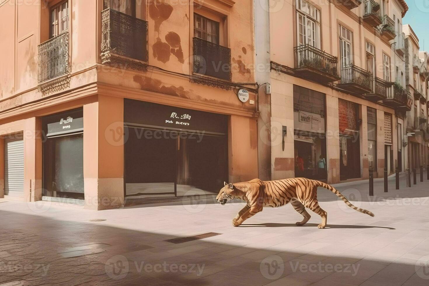 urbano tigre apocalisse. un' tigre a piedi attraverso urbano rovine nel un' post-apocalisse piace ambientazione. neurale Rete ai generato foto