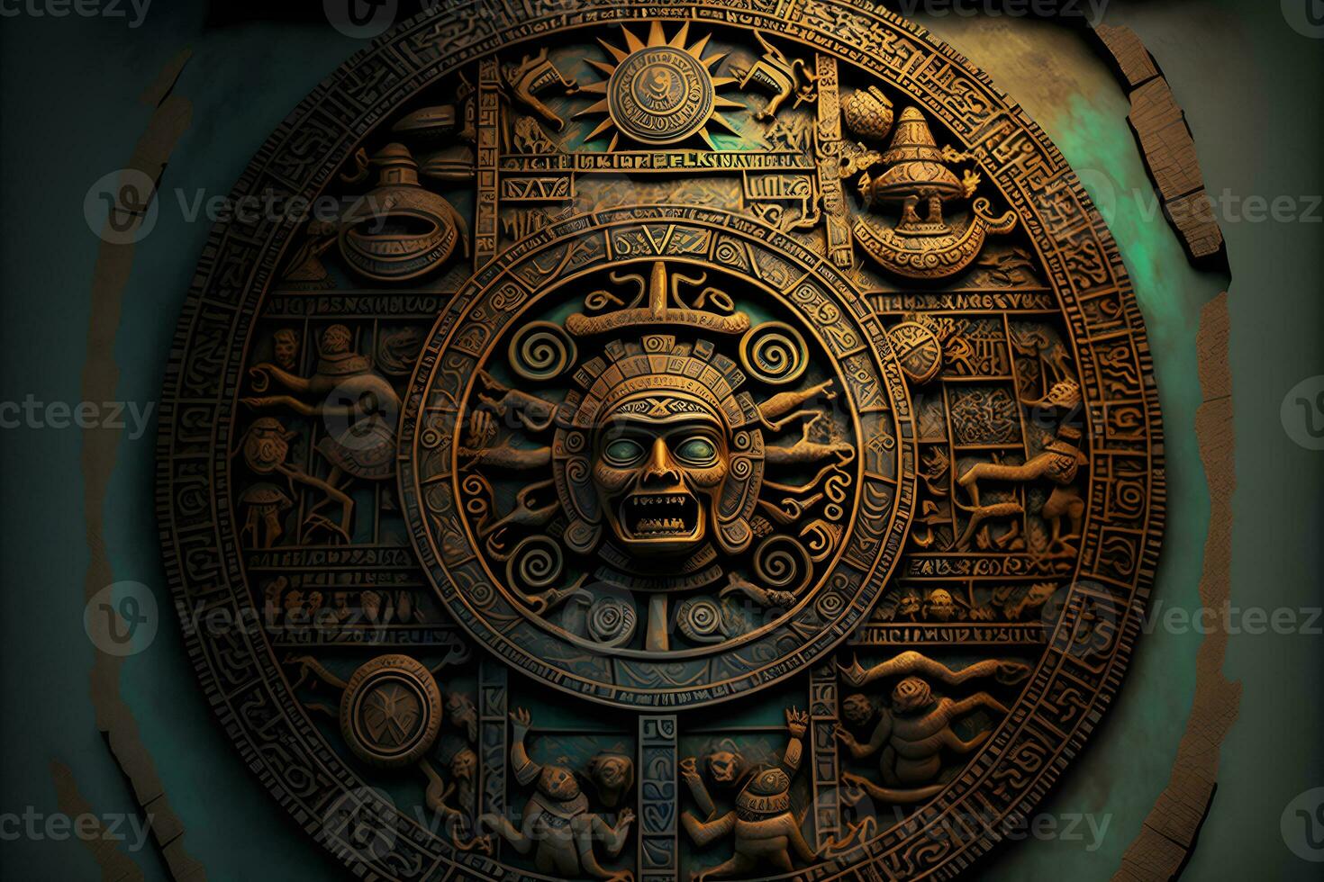 vicino Visualizza di il antico azteco Maya calendario con il giro modello e sollievo su pietra superficie. neurale Rete generato arte foto