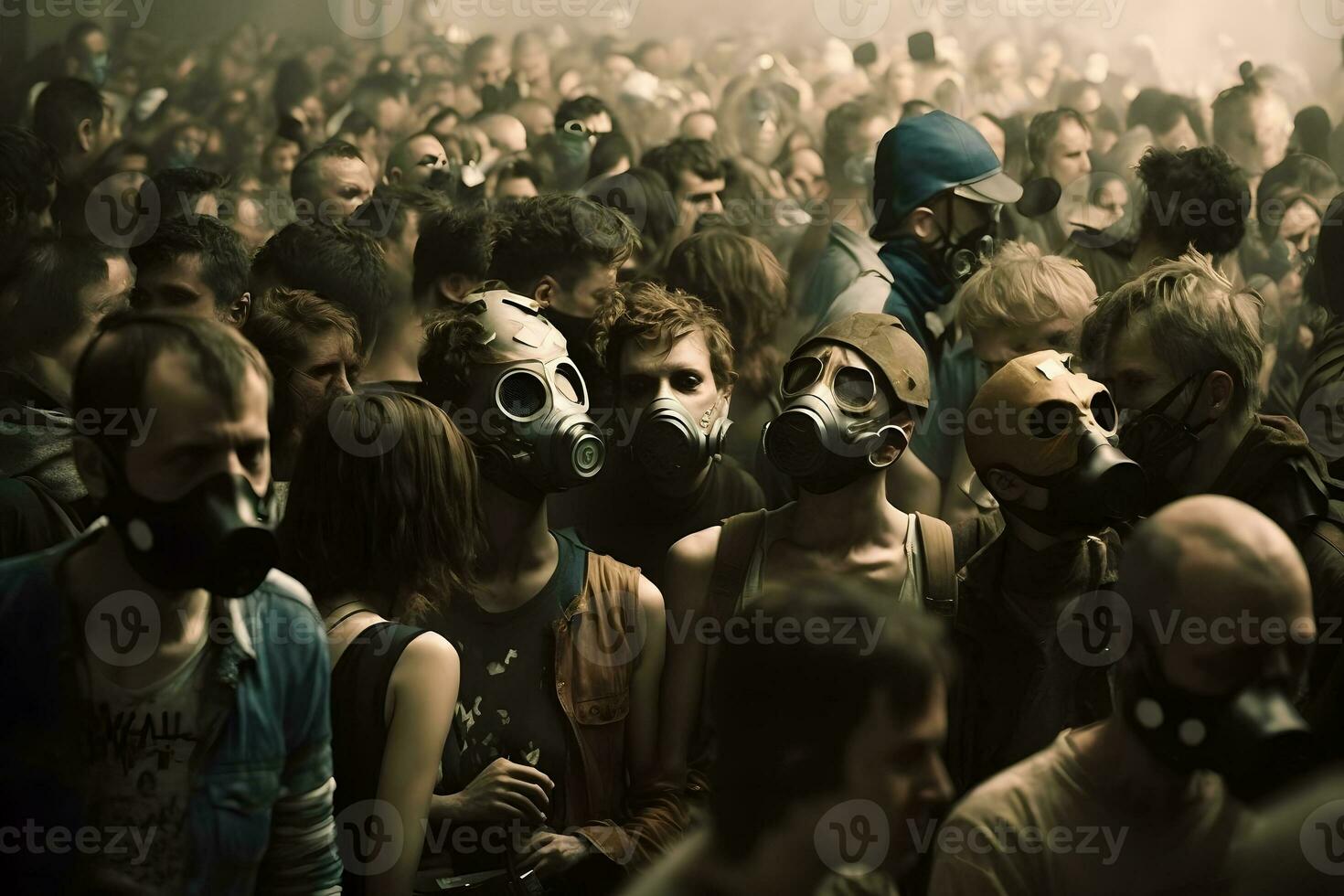 folla di persone nel uniforme e gas maschera. concetto di radiazione e virus, ambientale inquinamento. neurale Rete ai generato foto