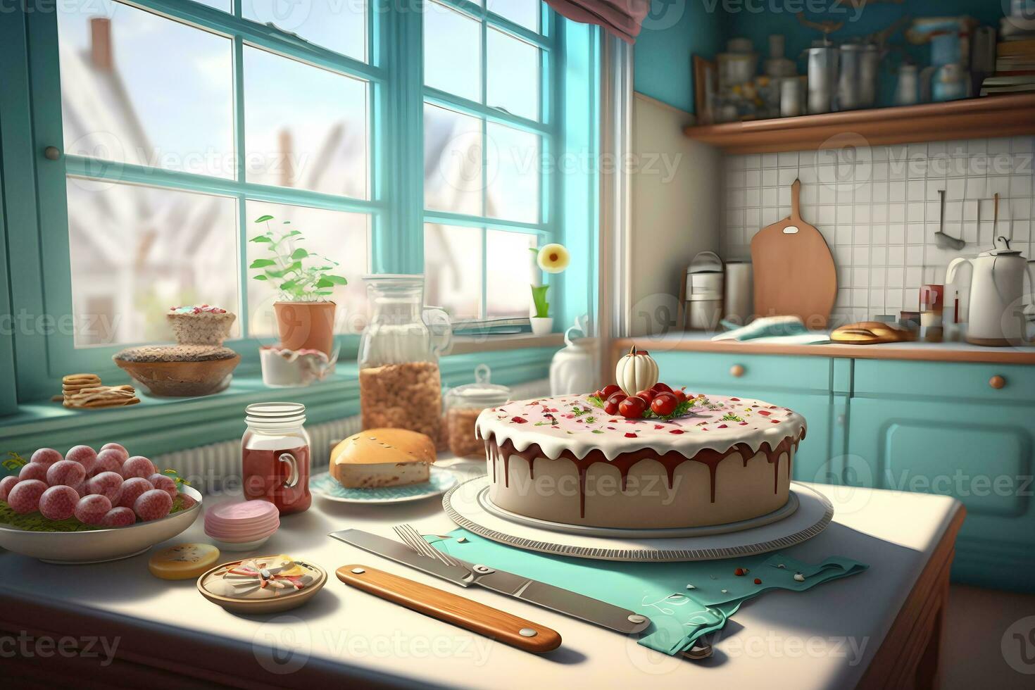 torta e dolci su il tavolo nel il cucina. neurale Rete ai generato foto