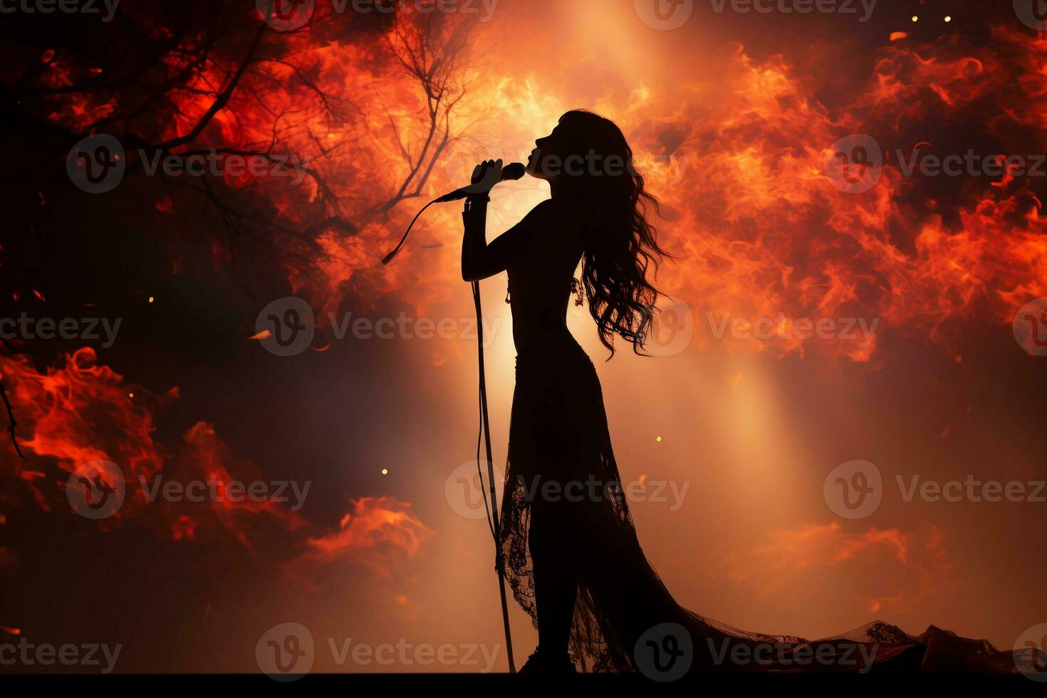 elegante fotografia di folclore ragazza cantando per un' microfono su palcoscenico. ai generativo foto