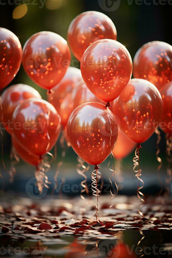 rosso palloncini, bokeh nel indietro, superficiale profondità di campo. ai generativo foto