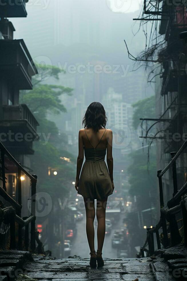 video di ragazza in piedi solo nel città strada con indietro Visualizza. ai generativo foto