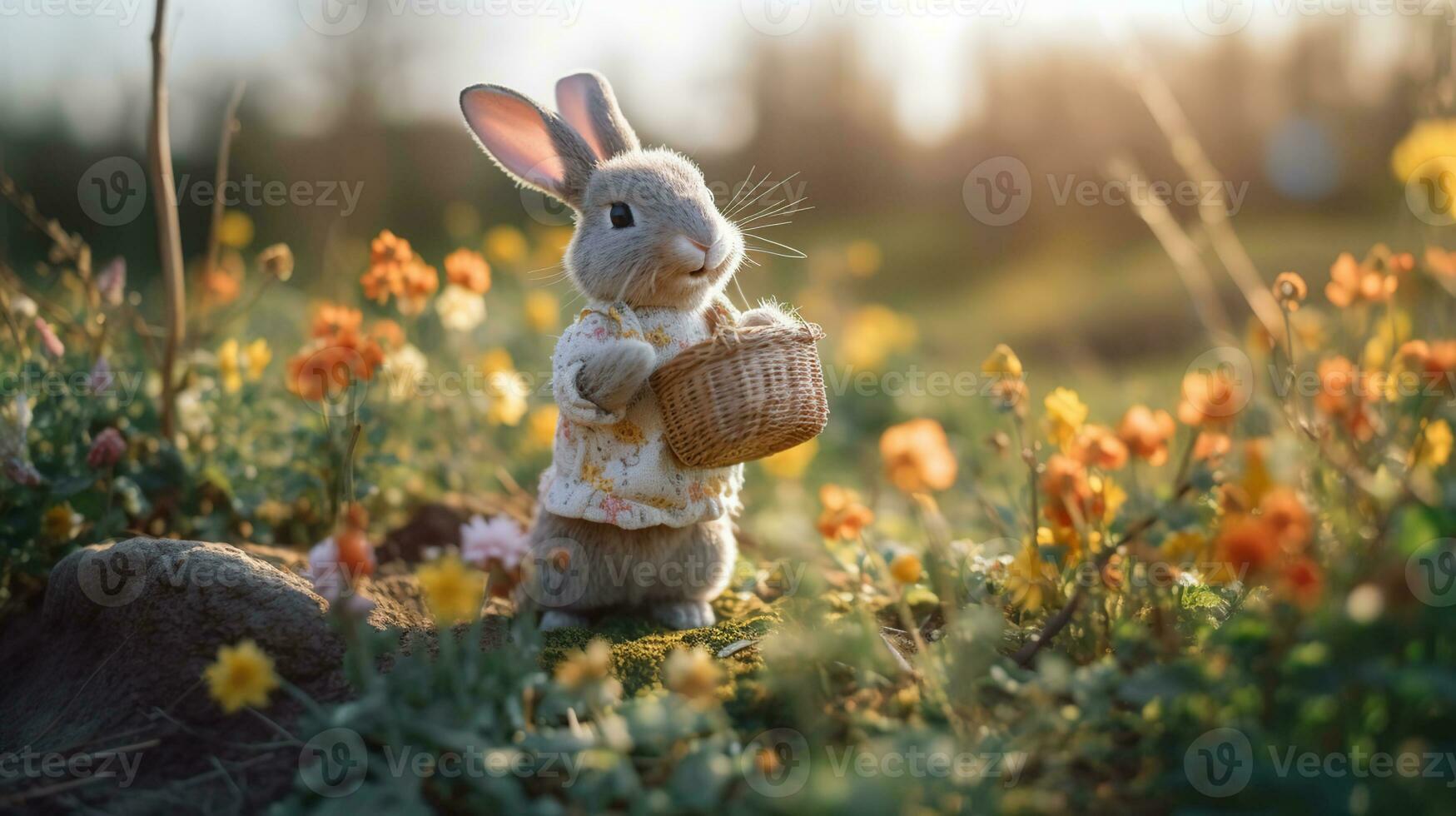 Pasqua coniglietto con un' cestino di uova. contento Pasqua coniglietto su un' carta su loro posteriore gambe con fiori a tramonto. generativo ai foto