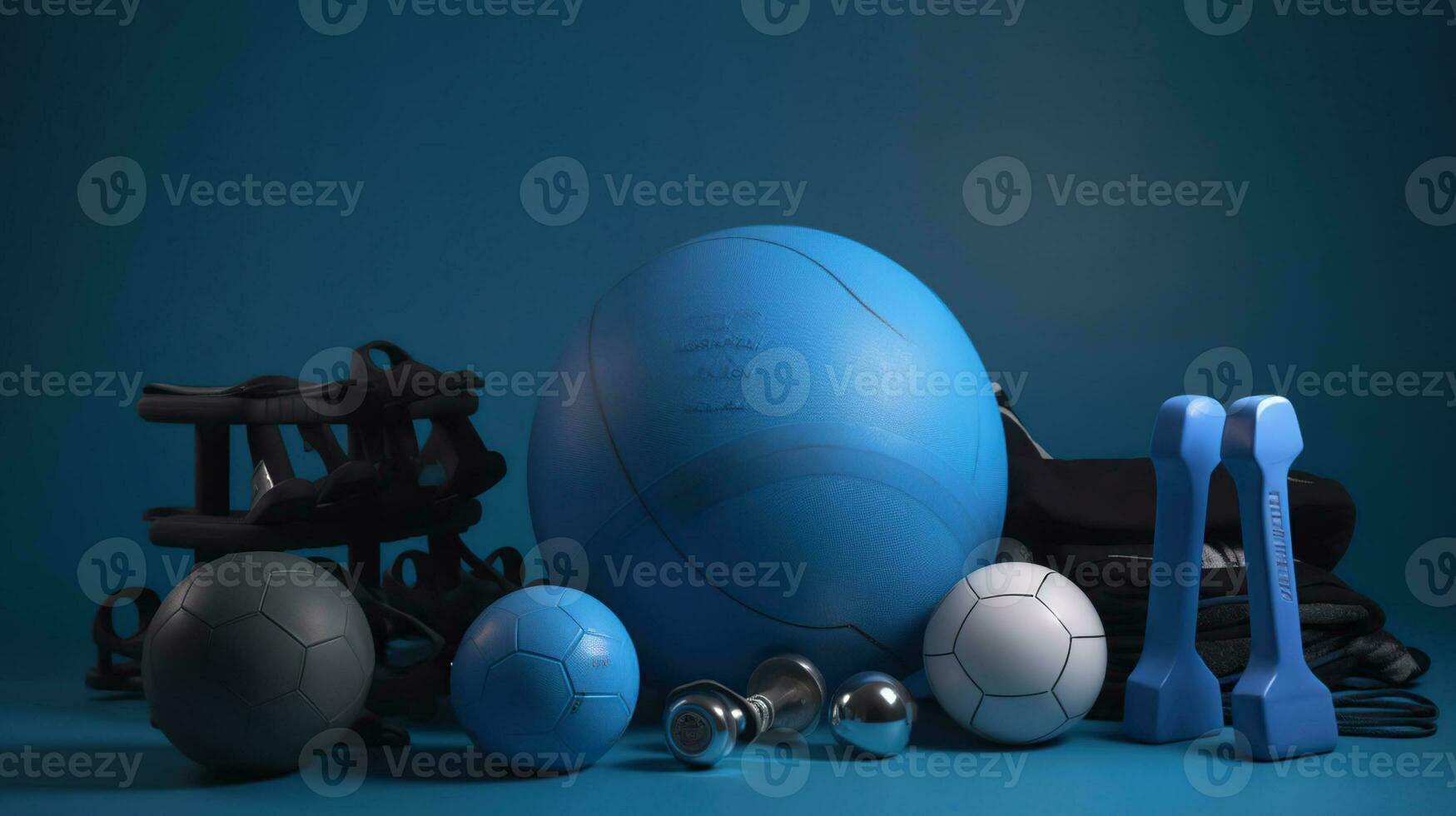 impostato di gli sport attrezzatura con fitness palla nel Palestra su blu sfondo. ai generativo foto