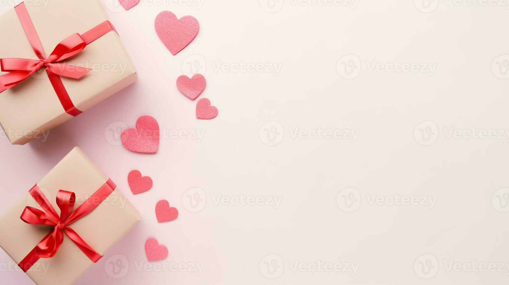 superiore Visualizza di regali con cuori e copia spazio, sfondo con i regali e cuori con gratuito spazio per testo su pastello rosa sfondo, piatto posizione, superiore Visualizza, san valentino giorno concetto. ai generativo foto