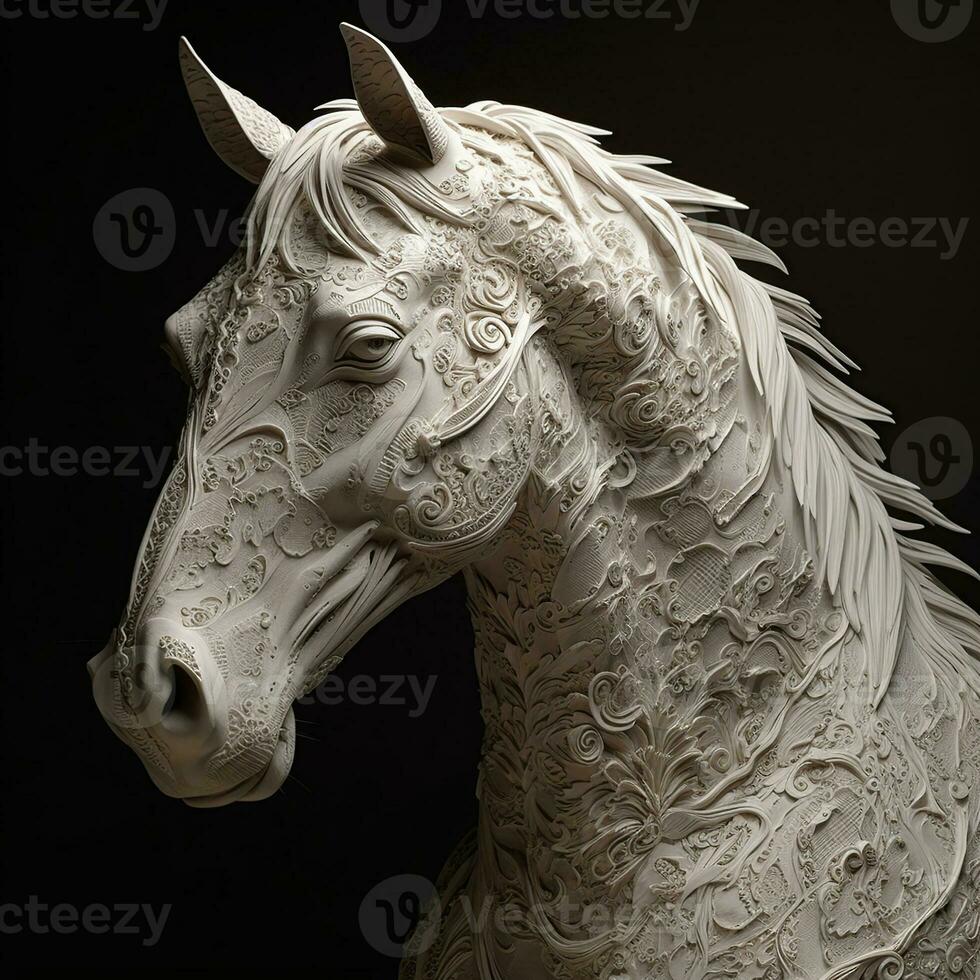 un' scolpito cavallo è in esecuzione nel un' buio atmosfera, nel il stile di intricatamente dettagliato modelli, legna scultore, ai generativo foto