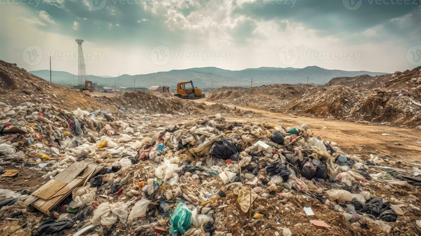 montagne di sciupare, il inquinamento problema di domestico spazzatura nel comunale discariche. generativo ai foto