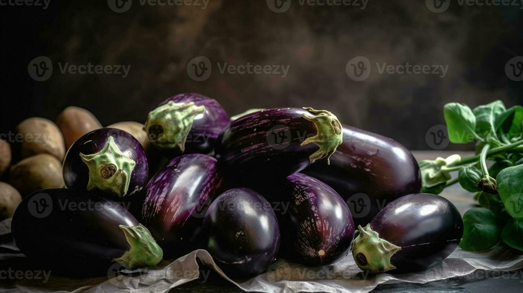 mazzo di maturo biologico lucidato melanzane di cui nel composizione su grunged pietra sfondo. melanzana verdure a tavolo contatore. generativo ai foto