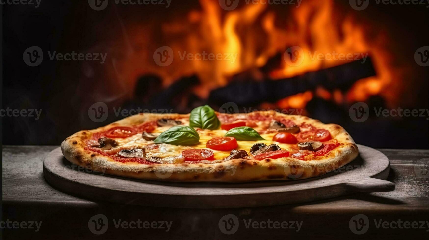 tradizionale al forno Pizza su sfondo di sfocato mattone forno fuoco. generativo ai foto