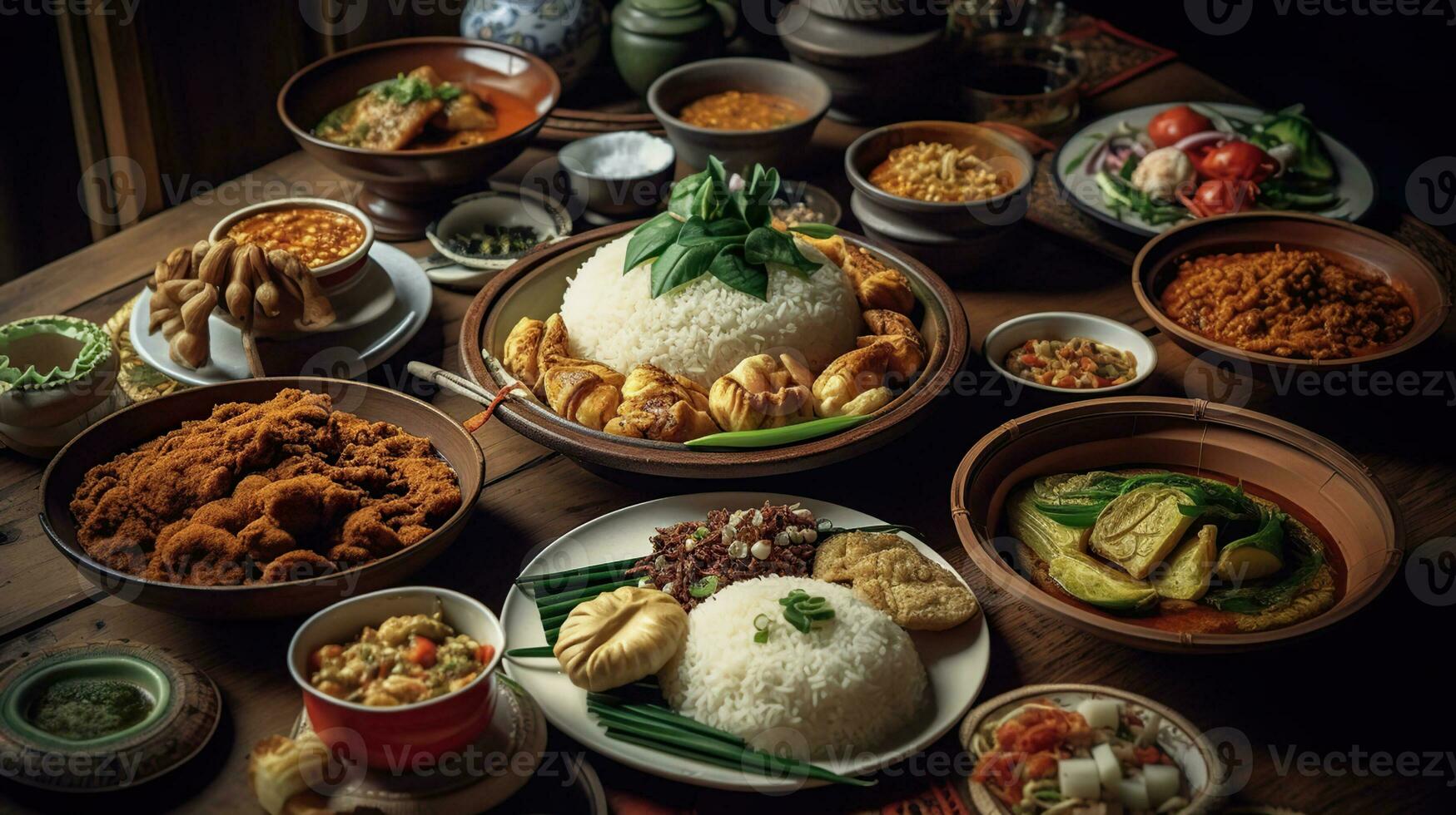 sapori di Indonesia, un' festa di in stile padang delizie adornare il tavolo. generativo ai foto